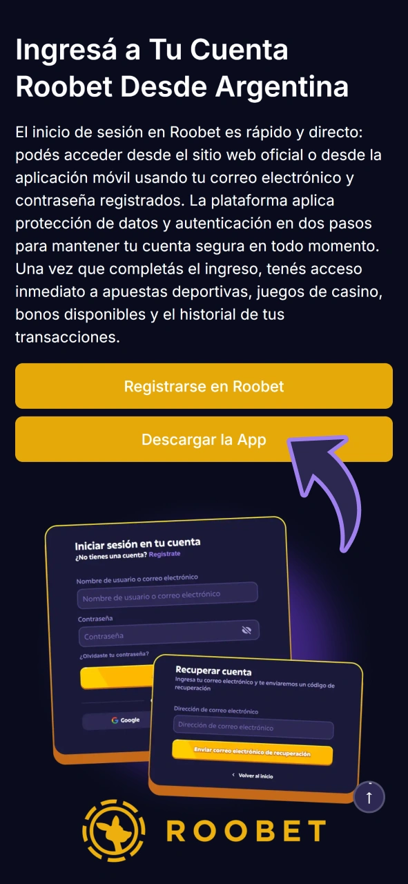 Descarga e inicia sesión en la aplicación oficial de Roobet.