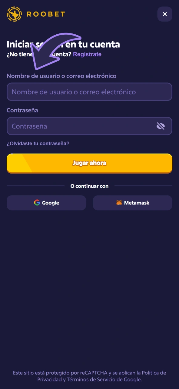 Introduce los datos de tu cuenta en el formulario de inicio de sesión de la aplicación Roobets.