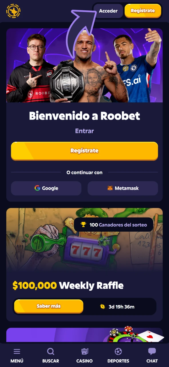 Pulsa este botón para iniciar sesión en la aplicación Roobet.