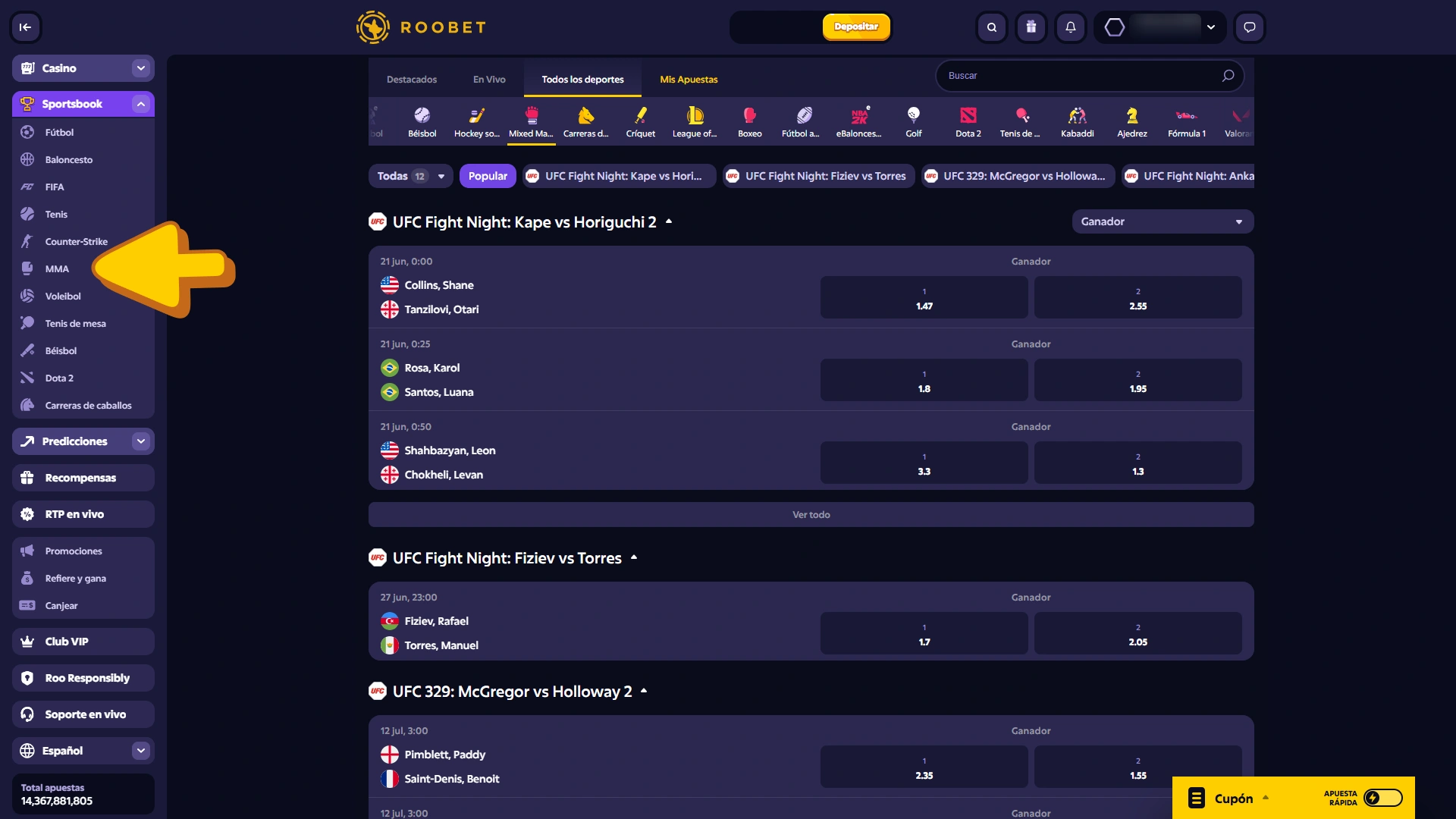 Encuentra la sección de MMA en Roobet Sportsbook.