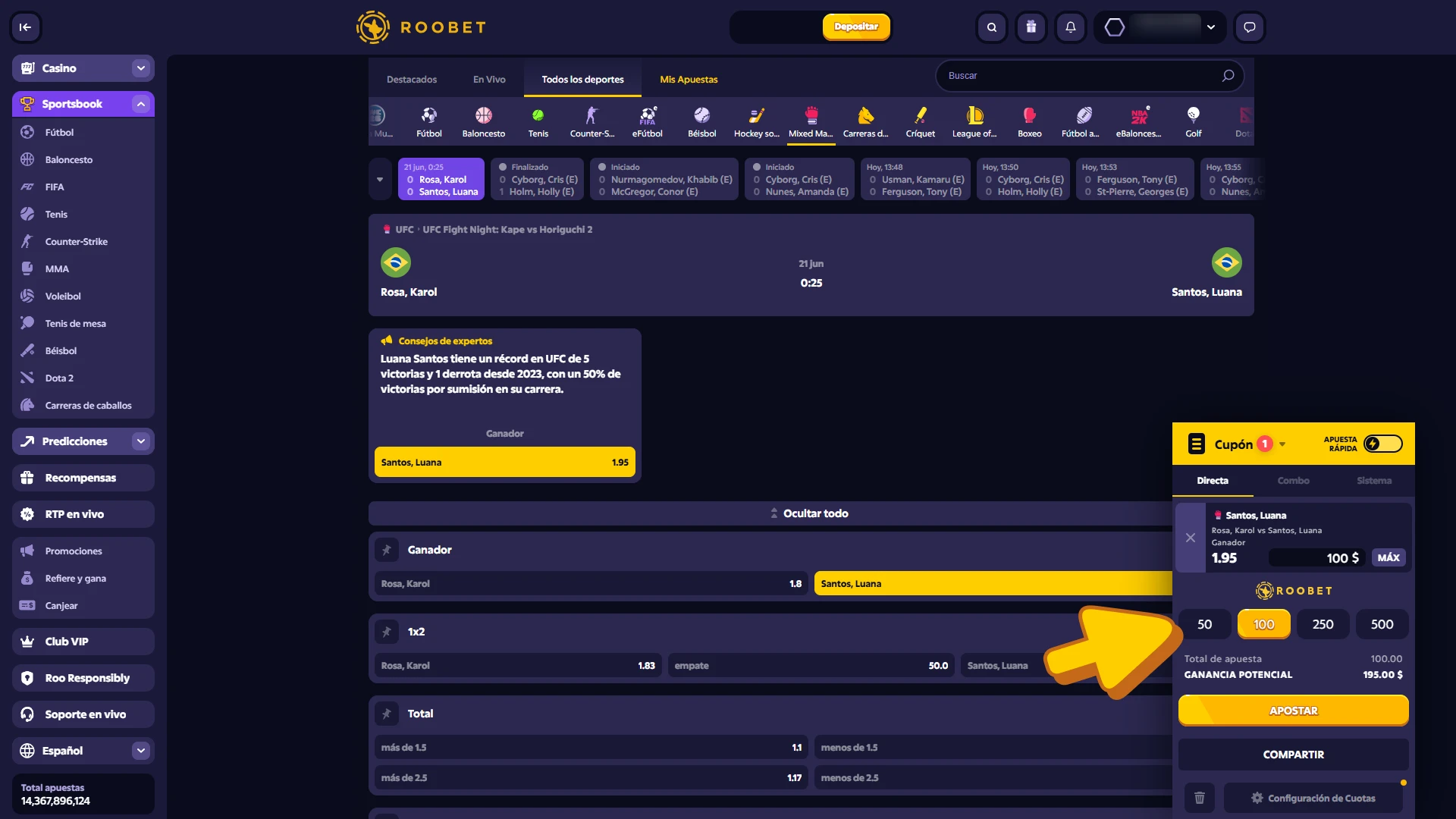 Confirma tu apuesta de MMA en Roobet Sportsbook.