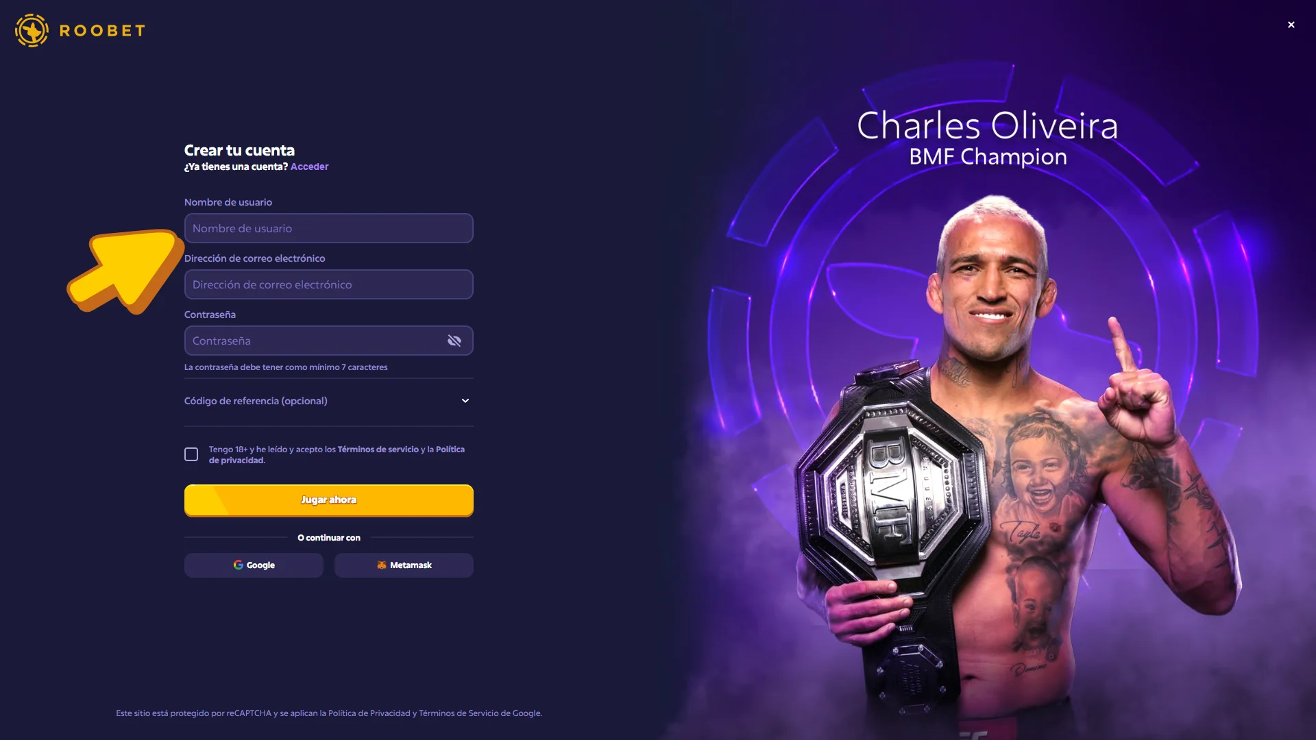 Crea tu cuenta de Roobet para apostar en combates de MMA.
