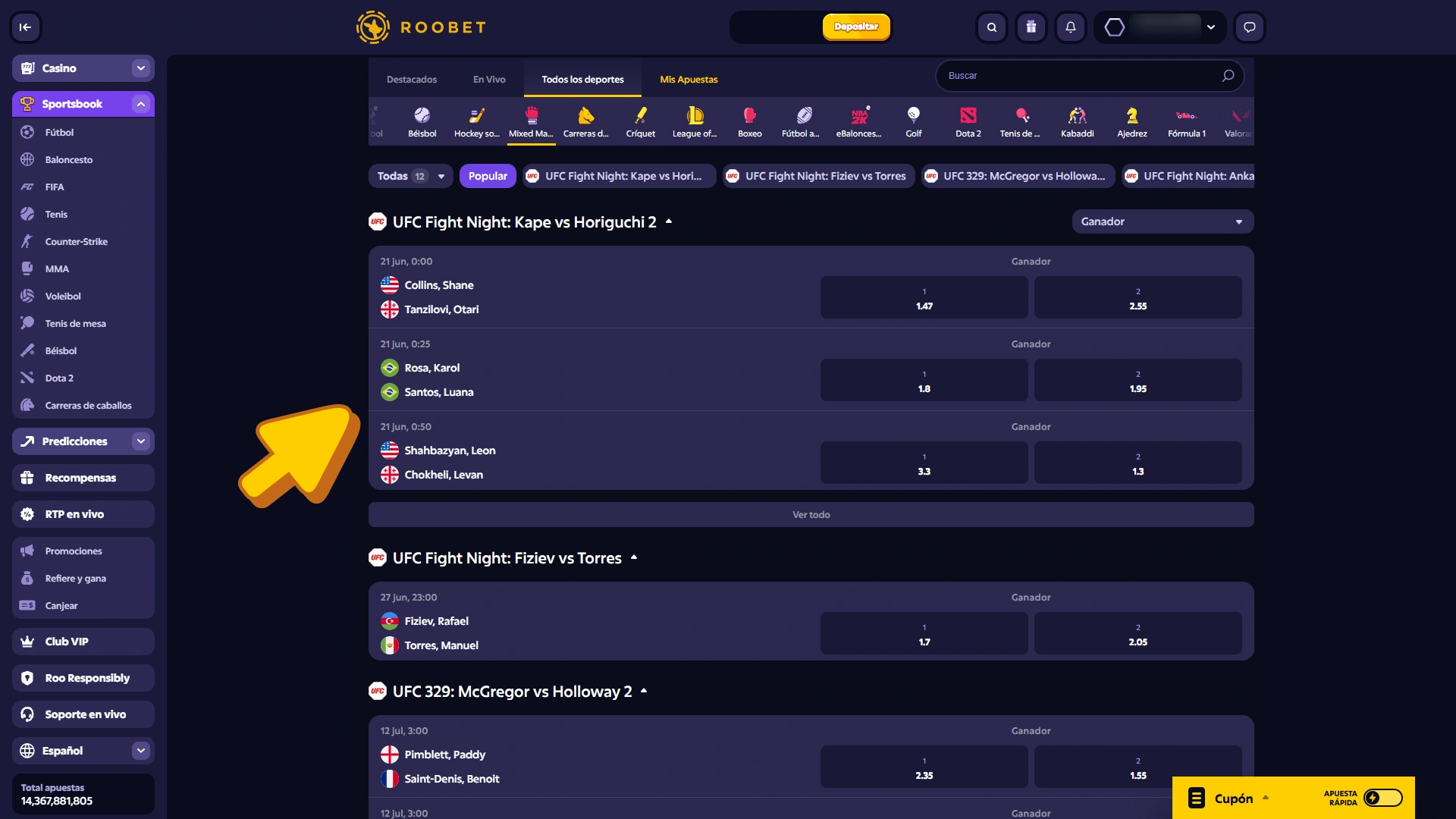 Selecciona la pelea de MMA en la que quieres apostar en Roobet Sportsbook.