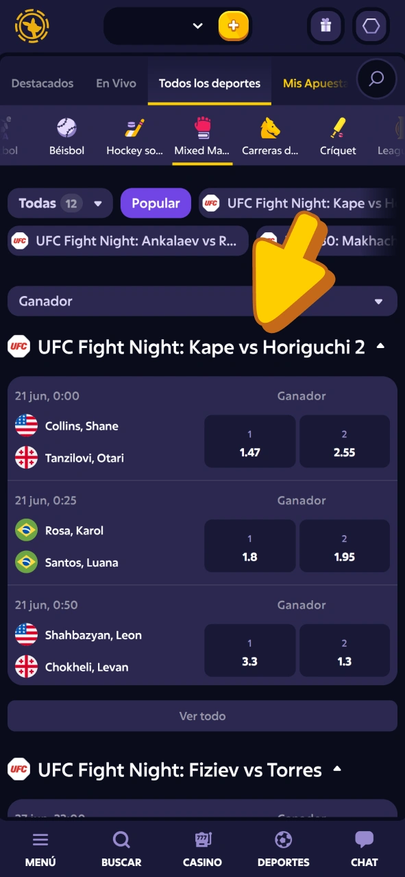 Abre la sección de MMA y elige tus apuestas en la aplicación Roobet.