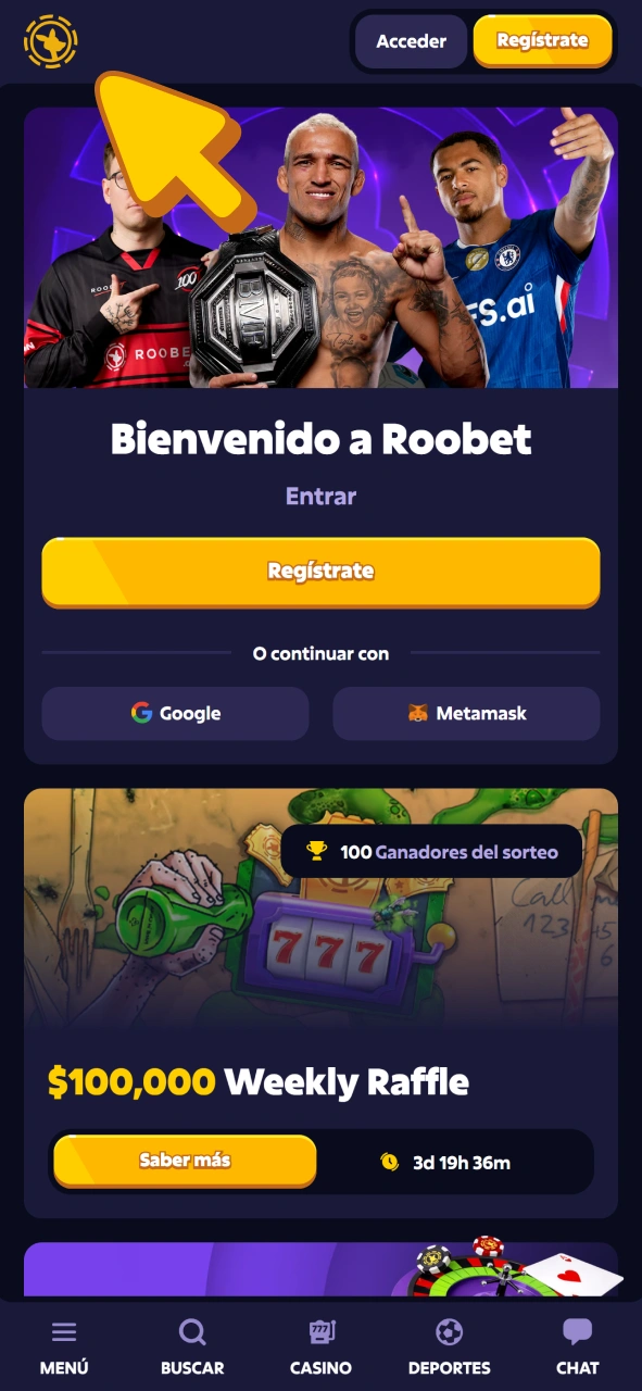 Visita la página web oficial de Roobet para descargar la aplicación y apostar en MMA.