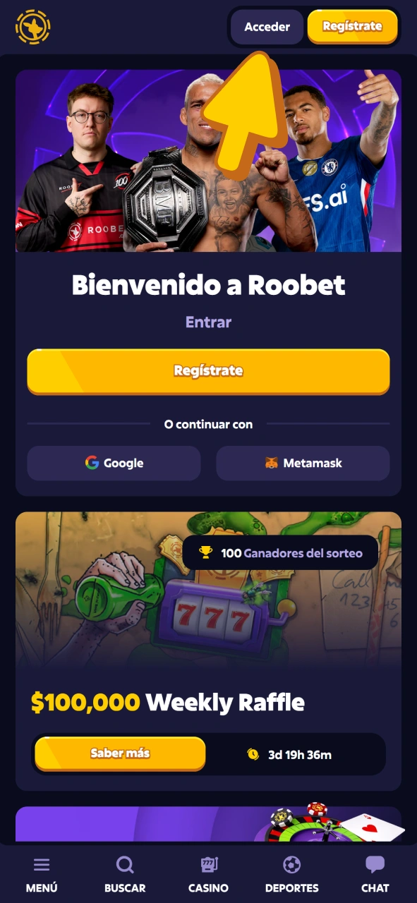 Inicia sesión o regístrate en Roobet app para apostar en combates de MMA.