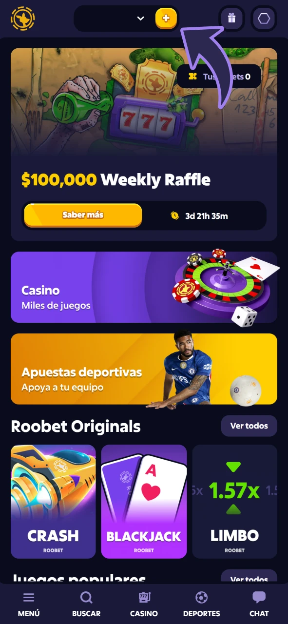 Haz clic en este botón para abrir la sección de depósitos en Roobet.