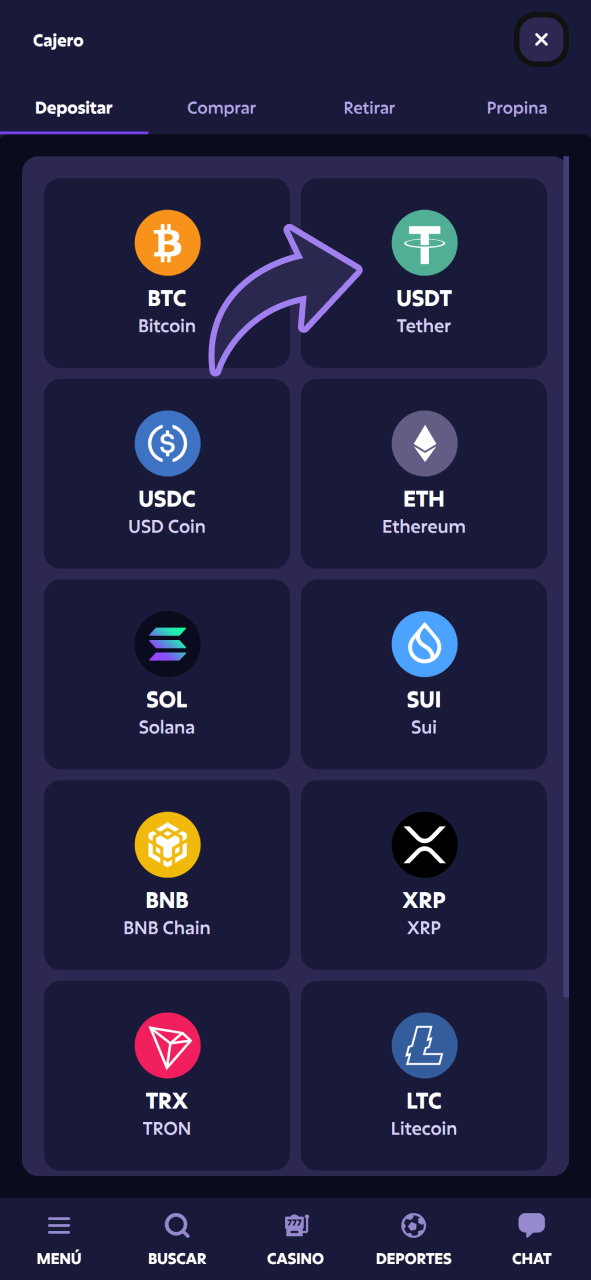 Selecciona el método de depósito para tu cuenta de Roobet.