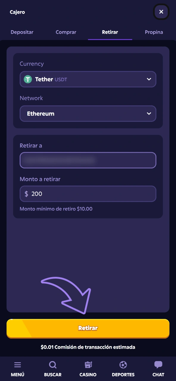 Confirma tu retiro de Roobet.