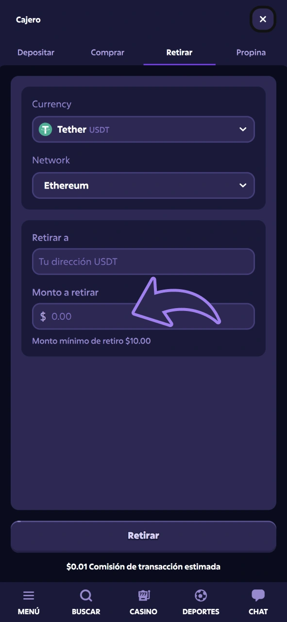 Introduce el importe a retirar en el casino Roobet.