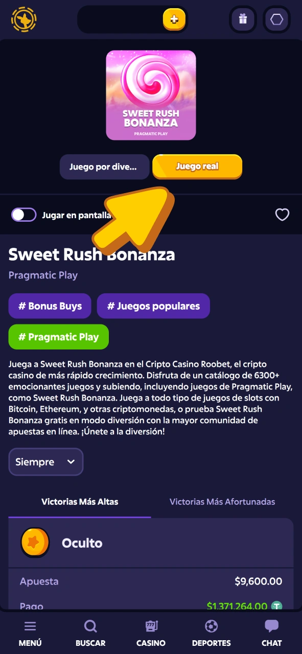 Selecciona el juego y el modo de juego para jugar en el casino Roobet.