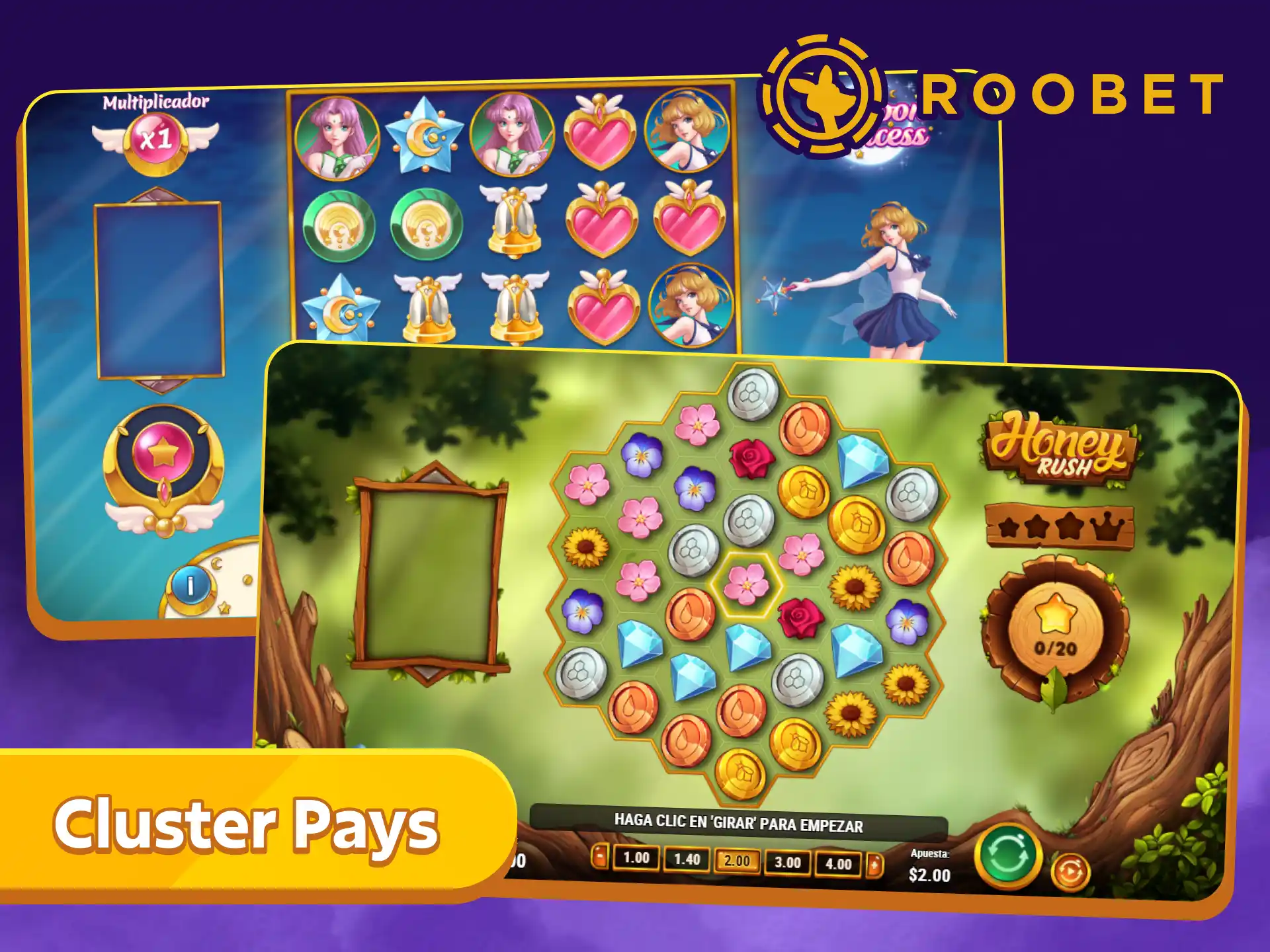Conectá símbolos adyacentes para ganar con el formato Cluster Pays en Roobet Official.