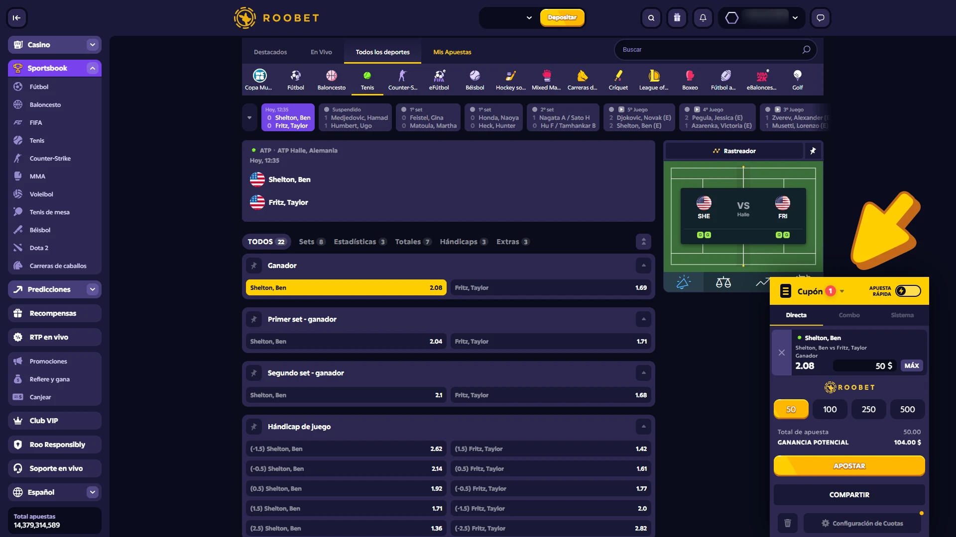 Configura tu apuesta de tenis y gana a lo grande en Roobet.
