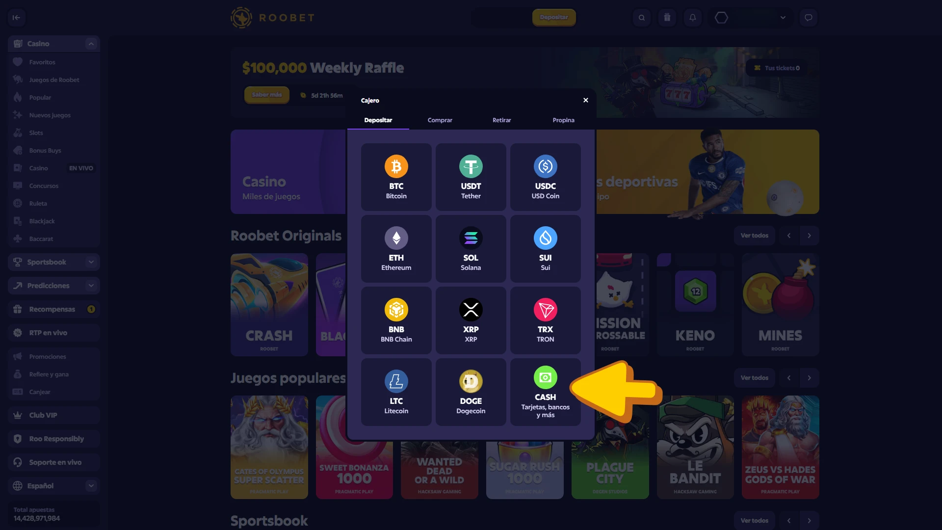 Realiza un depósito para apostar en tenis en Roobet Sportsbook.