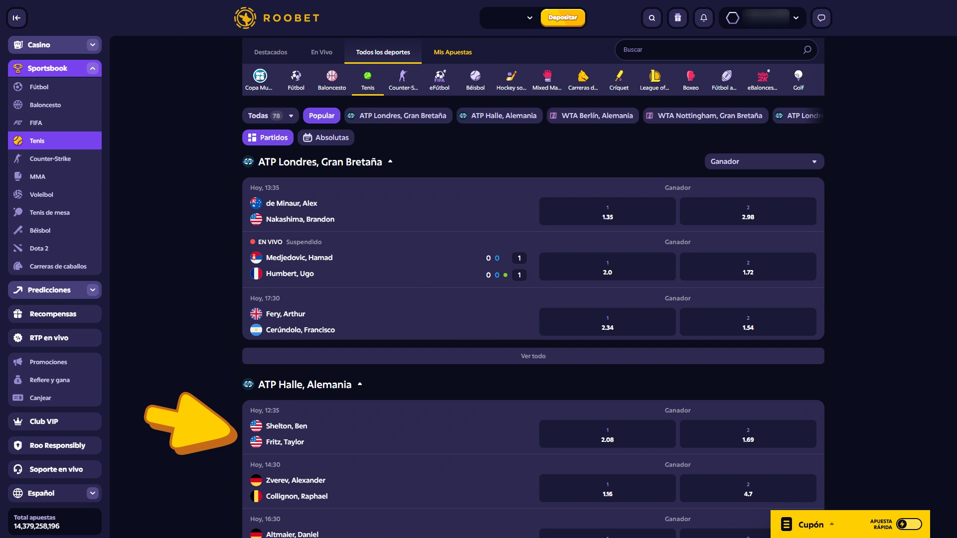Elige el torneo y el partido de tenis en los que quieres apostar en Roobet.