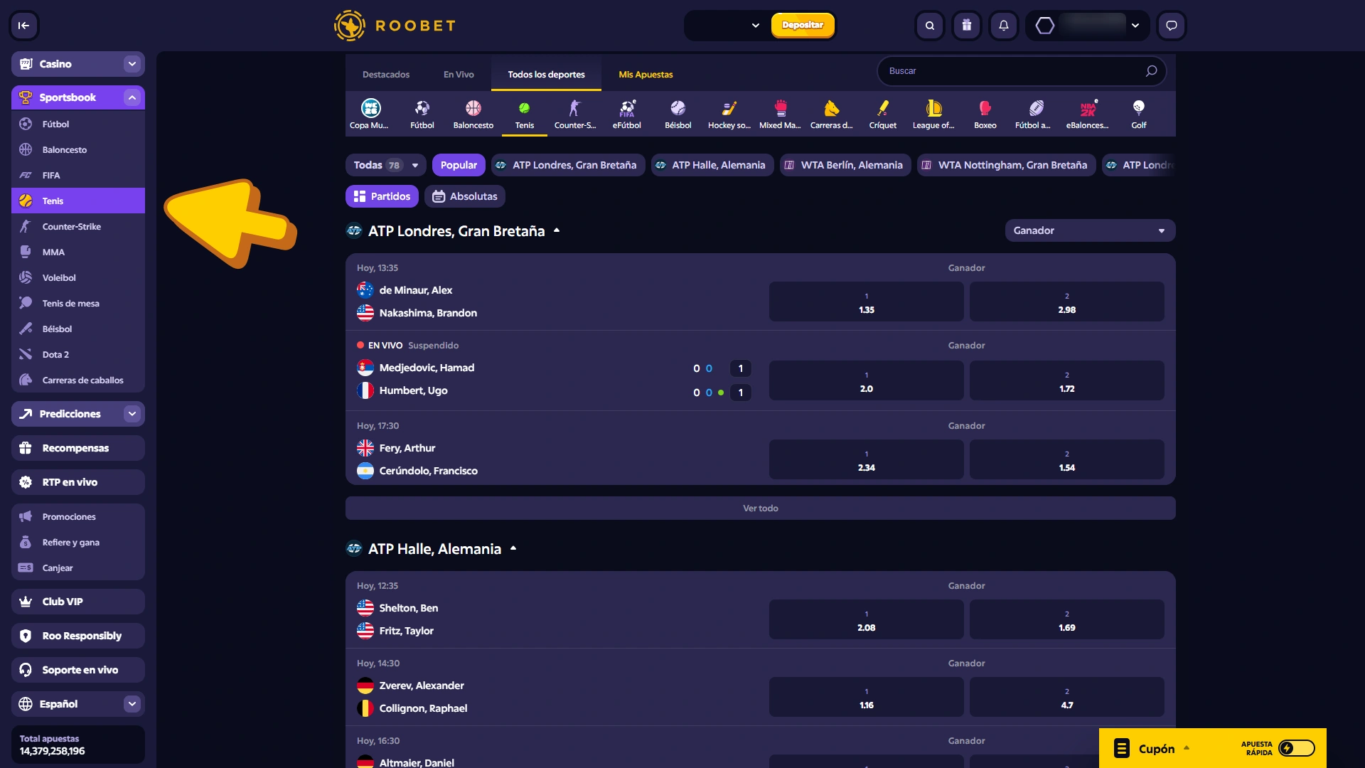 Sección abierta de tenis en Roobet Sports.