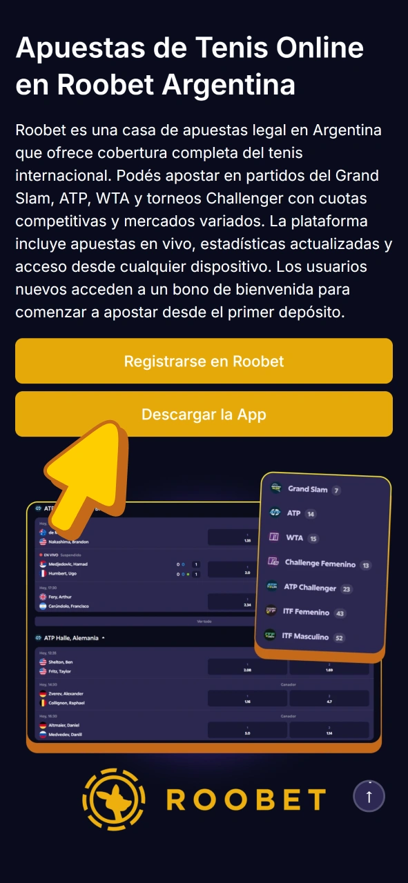 Pulsa este botón para descargar la aplicación de apuestas de tenis de Roobet.