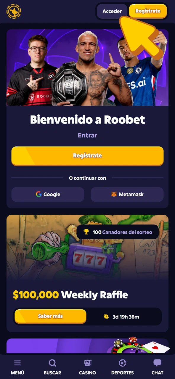 Ingresa tu cuenta para realizar apuestas de tenis en la aplicación Roobet.